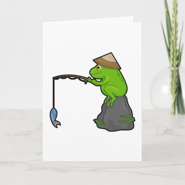 Frog on Stone at Fishing with Fishing rod & Fish Card (Front)