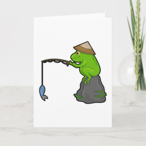 Frog on Stone at Fishing with Fishing rod  Fish Card