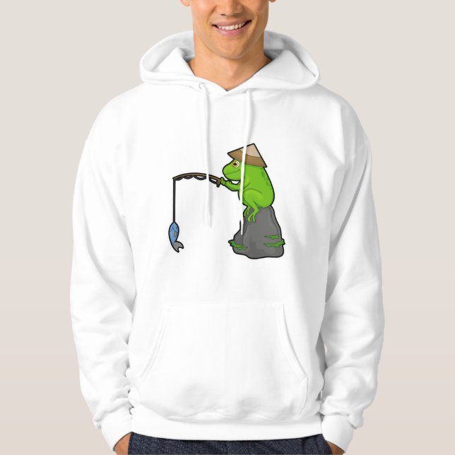Frog on Stone at Fishing with Fishing rod & Fish Hoodie (Front)