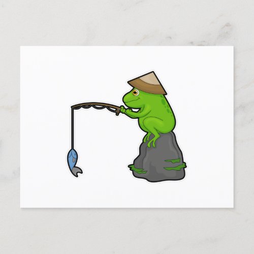 Frog on Stone at Fishing with Fishing rod  Fish Postcard