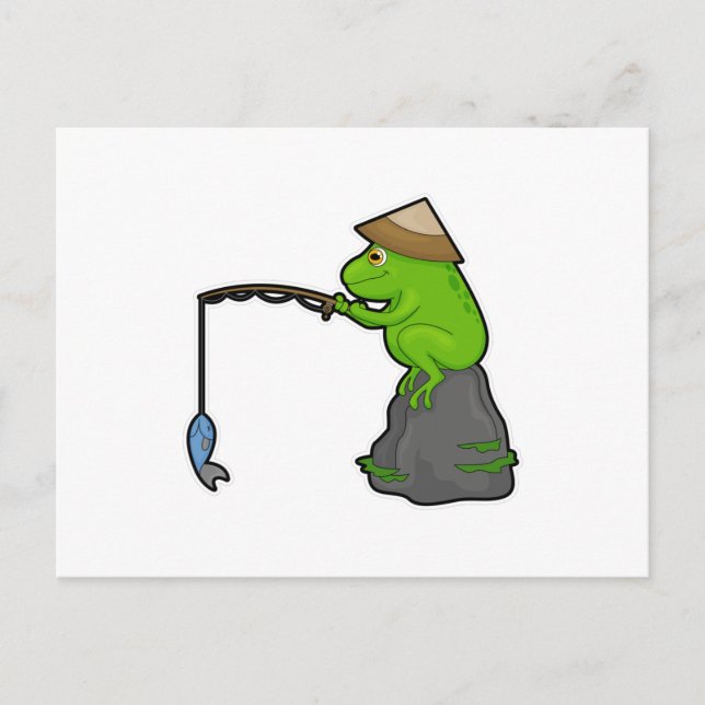 Frog on Stone at Fishing with Fishing rod & Fish Postcard (Front)