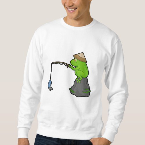 Frog on Stone at Fishing with Fishing rod  Fish Sweatshirt