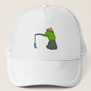 Frog on Stone at Fishing with Fishing rod & Fish Trucker Hat