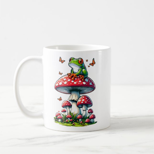 Frog on Toadstool – Enchanted Forest Scene Coffee Mug (Left)