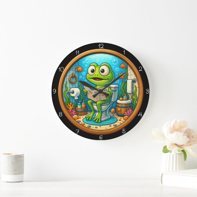 Frog on Toilet Funny Large Clock (Home)