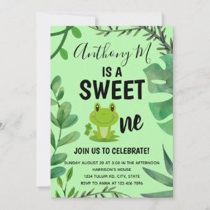 Frog party 1st birthday froggy theme green invitation