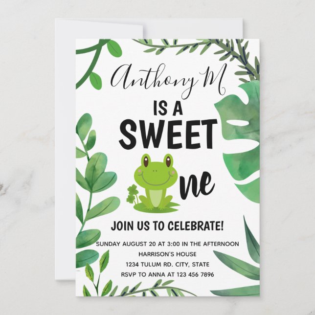 Frog party 1st birthday froggy theme invitation (Front)