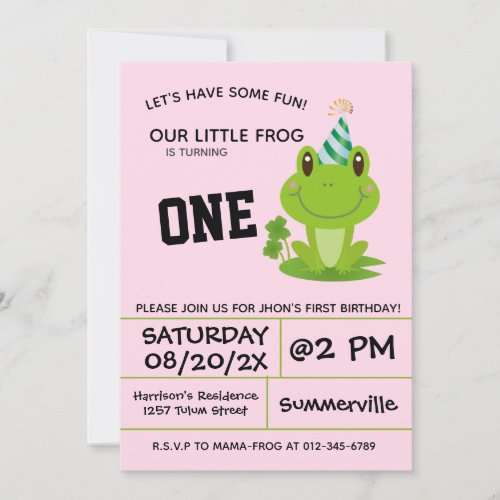 Frog Party 1st Birthday Pink Invitation