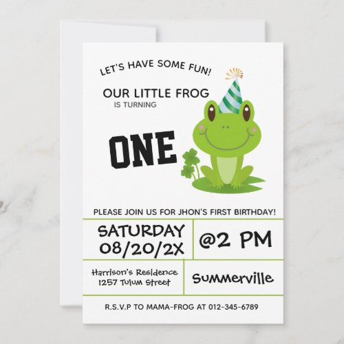 Frog Party First Birthday Swamp Green Froggy Invitation