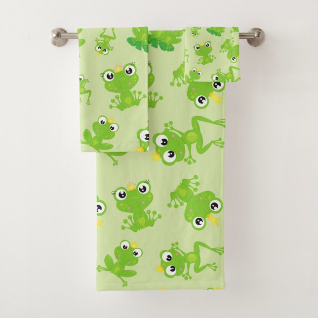 Frog Pattern, Cute Frogs, Green Frogs, Frog Prince Bath Towel Set (Insitu)
