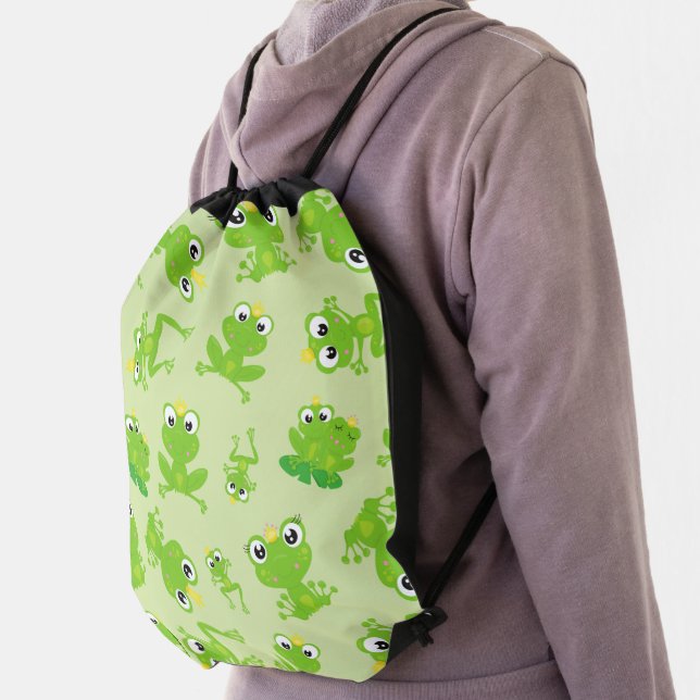 Frog Pattern, Cute Frogs, Green Frogs, Frog Prince Drawstring Bag (Insitu)