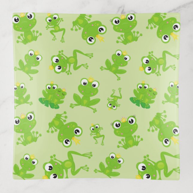 Frog Pattern, Cute Frogs, Green Frogs, Frog Prince Trinket Tray (Front)