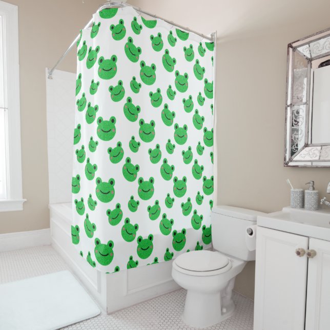 Frog Pattern Green and White Shower Curtain (In Situ)