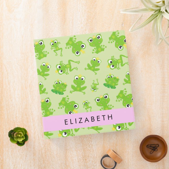 Frog Pattern, Green Frogs, Frog Prince, Your Name 3 Ring Binder (In Situ)