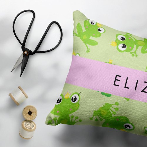 Frog Pattern Green Frogs Frog Prince Your Name Accent Pillow