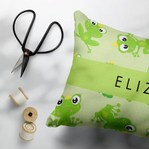 Frog Pattern, Green Frogs, Frog Prince, Your Name Accent Pillow