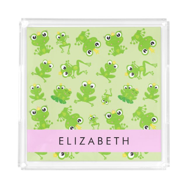 Frog Pattern, Green Frogs, Frog Prince, Your Name Acrylic Tray (Front)