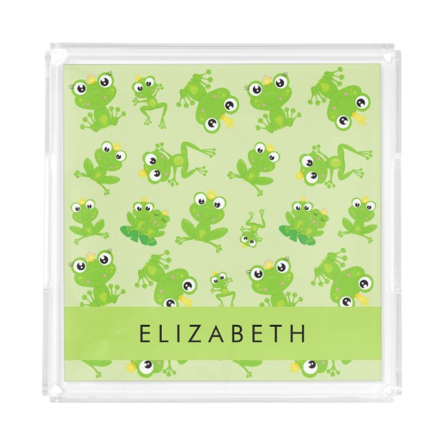 Frog Pattern, Green Frogs, Frog Prince, Your Name Acrylic Tray (Front)
