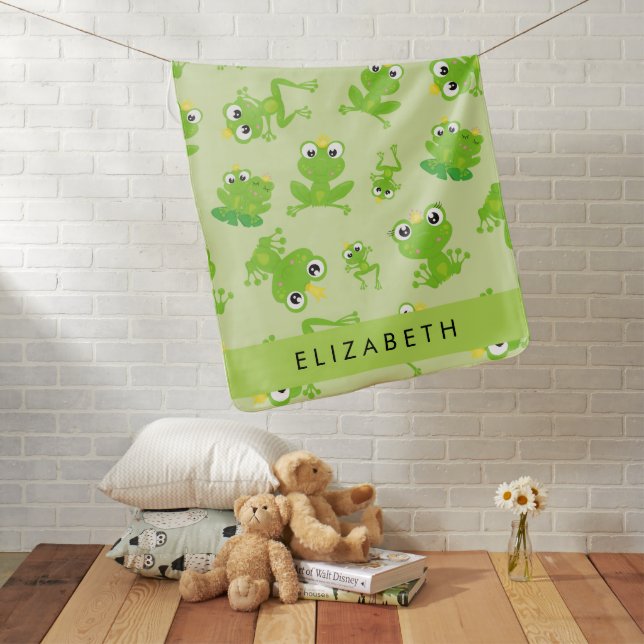 Frog Pattern, Green Frogs, Frog Prince, Your Name Baby Blanket (In Situ)