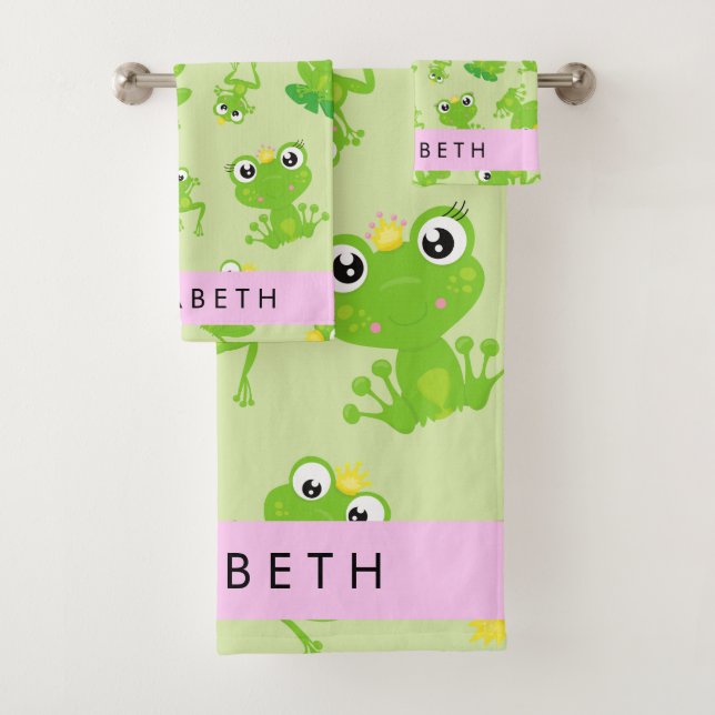 Frog Pattern, Green Frogs, Frog Prince, Your Name Bath Towel Set (Insitu)