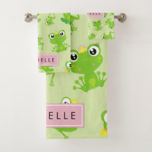 Frog Pattern, Green Frogs, Frog Prince, Your Name Bath Towel Set