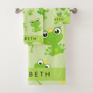 Frog Pattern, Green Frogs, Frog Prince, Your Name Bath Towel Set