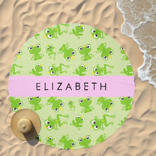 Frog Pattern, Green Frogs, Frog Prince, Your Name Beach Towel