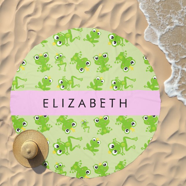 Frog Pattern, Green Frogs, Frog Prince, Your Name Beach Towel (Beach)