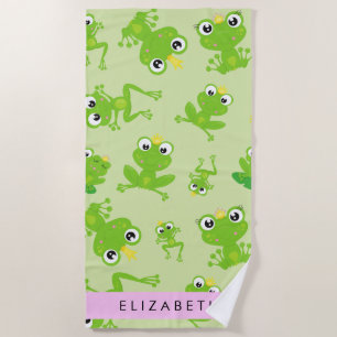 Frog Pattern, Green Frogs, Frog Prince, Your Name Beach Towel