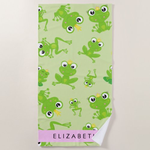 Frog Pattern Green Frogs Frog Prince Your Name Beach Towel