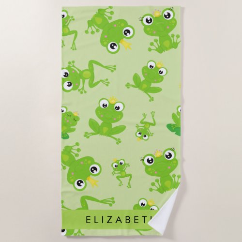 Frog Pattern Green Frogs Frog Prince Your Name Beach Towel