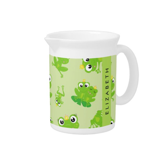 Frog Pattern, Green Frogs, Frog Prince, Your Name Beverage Pitcher (Right)