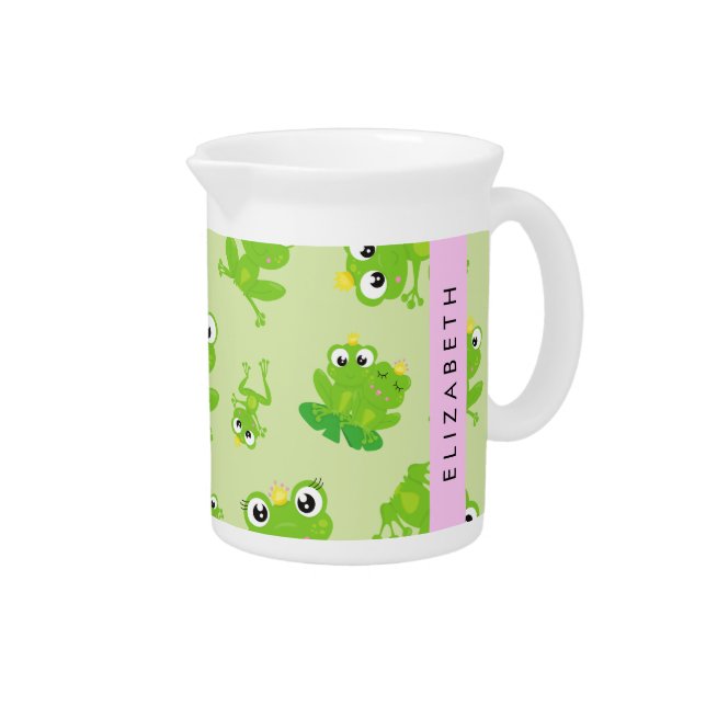 Frog Pattern, Green Frogs, Frog Prince, Your Name Beverage Pitcher (Right)