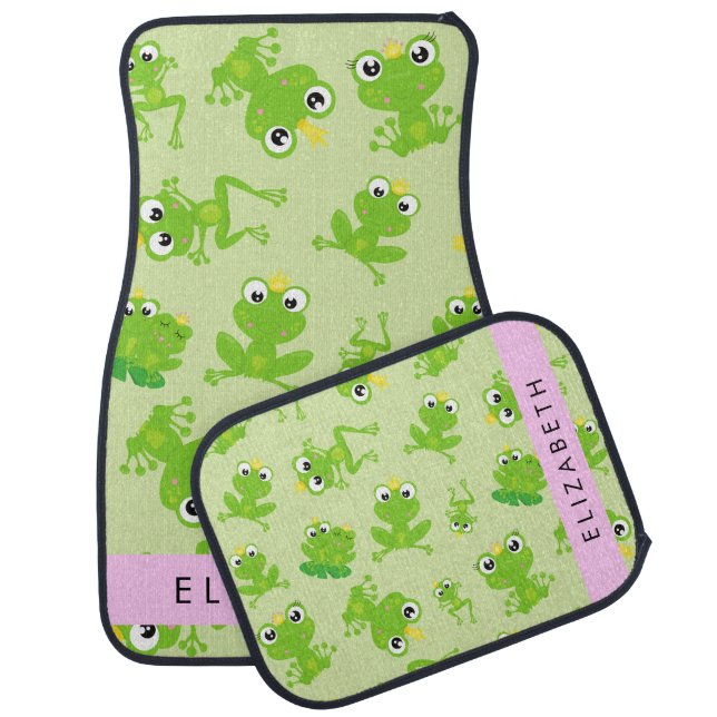Frog Pattern, Green Frogs, Frog Prince, Your Name Car Floor Mat (Set)
