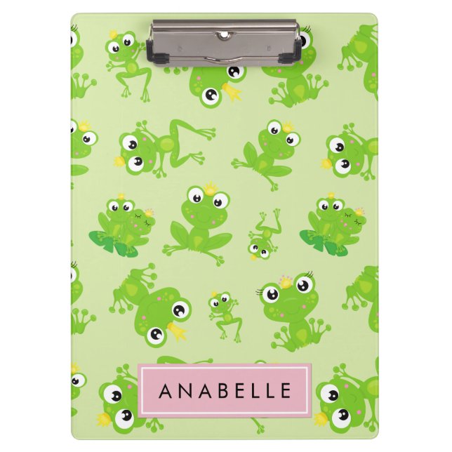 Frog Pattern,  Green Frogs, Frog Prince, Your Name Clipboard (Front)