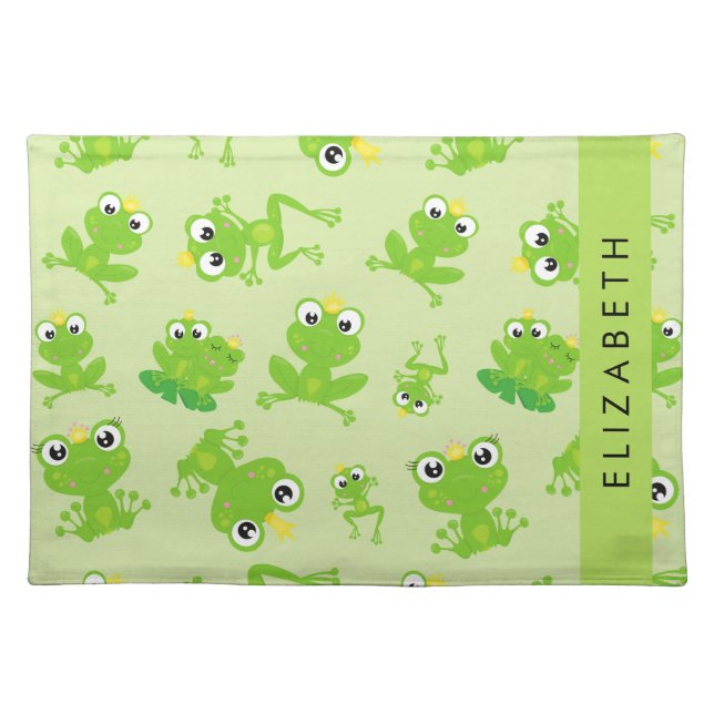 Frog Pattern, Green Frogs, Frog Prince, Your Name Cloth Placemat (Front)