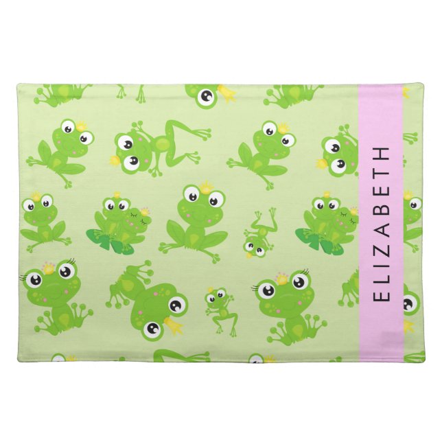 Frog Pattern, Green Frogs, Frog Prince, Your Name Cloth Placemat (Front)