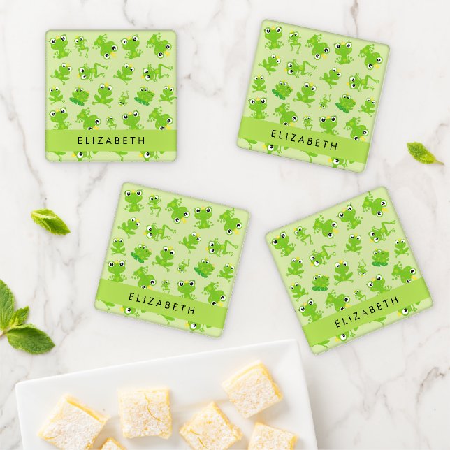 Frog Pattern, Green Frogs, Frog Prince, Your Name Coaster Set (In Situ)