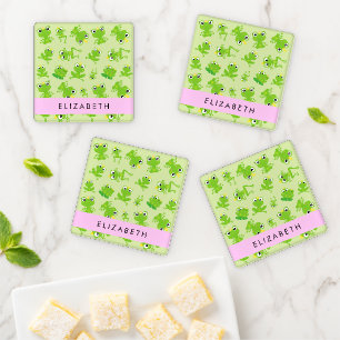 Frog Pattern, Green Frogs, Frog Prince, Your Name Coaster Set