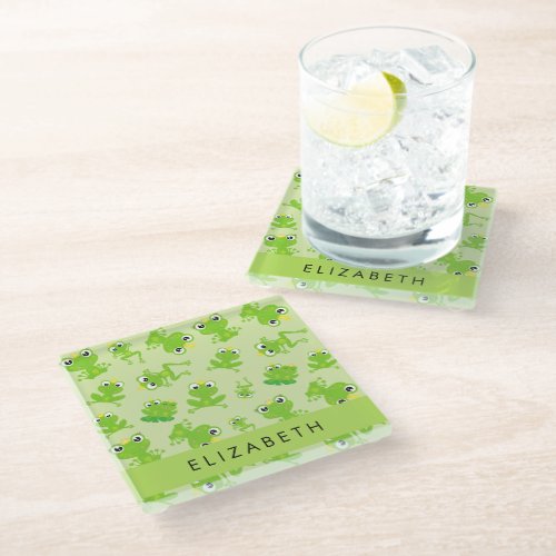 Frog Pattern Green Frogs Frog Prince Your Name Glass Coaster