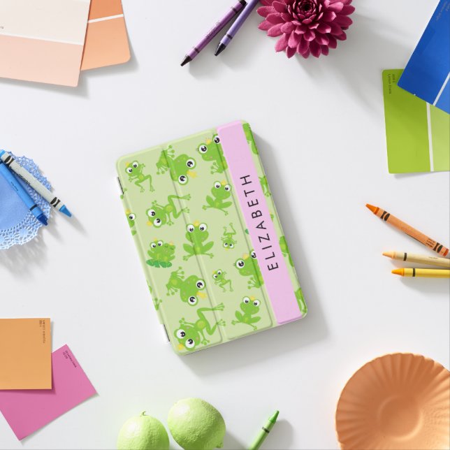Frog Pattern, Green Frogs, Frog Prince, Your Name iPad Mini Cover (In Situ)