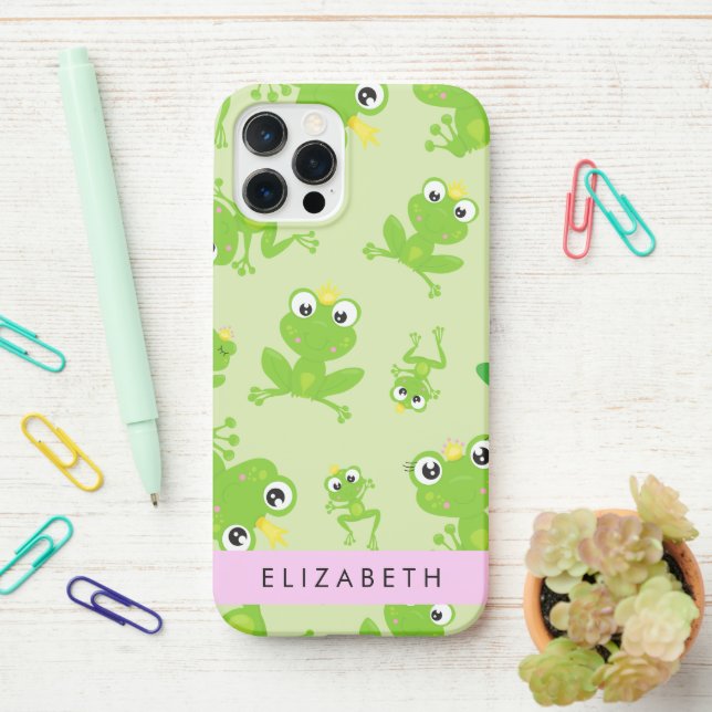 Frog Pattern, Green Frogs, Frog Prince, Your Name iPhone Case (On Desk)