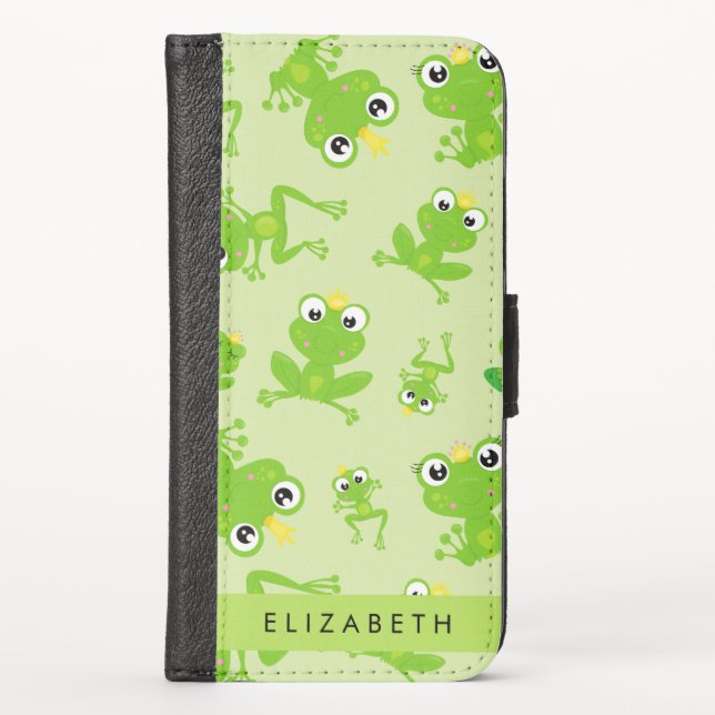 Frog Pattern, Green Frogs, Frog Prince, Your Name iPhone Wallet Case (Front)