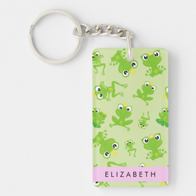 Frog Pattern, Green Frogs, Frog Prince, Your Name Keychain (Front)