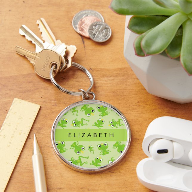 Frog Pattern, Green Frogs, Frog Prince, Your Name Keychain (Desk)