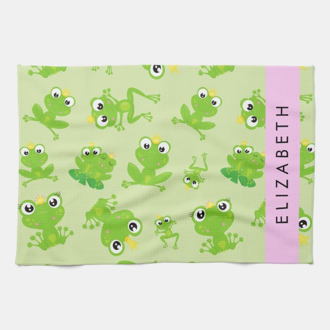 Frog Pattern, Green Frogs, Frog Prince, Your Name Kitchen Towel (Horizontal)