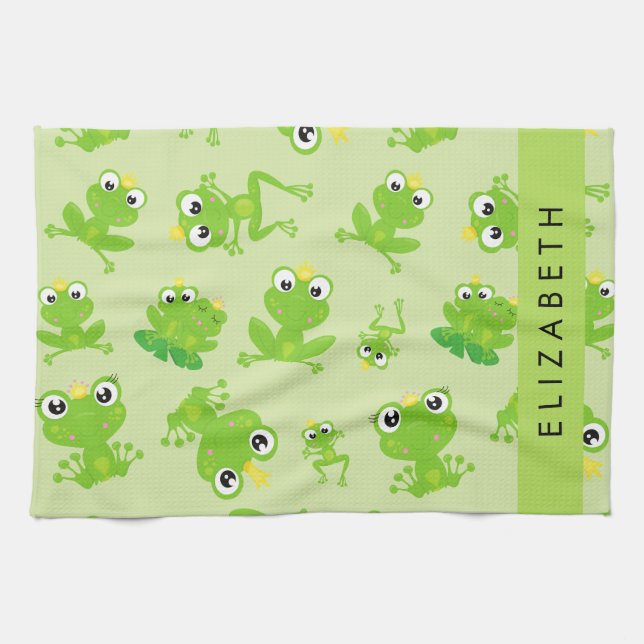 Frog Pattern, Green Frogs, Frog Prince, Your Name Kitchen Towel (Horizontal)