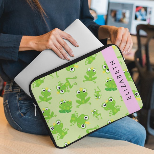 Frog Pattern, Green Frogs, Frog Prince, Your Name Laptop Sleeve (Creator Uploaded)