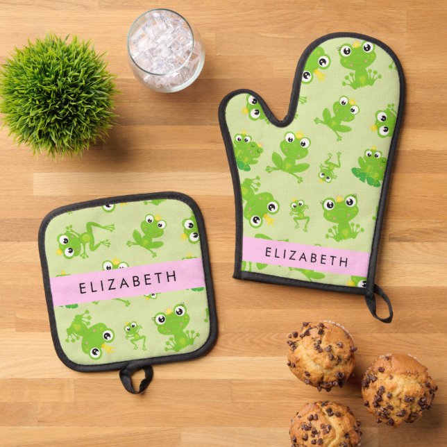 Frog Pattern, Green Frogs, Frog Prince, Your Name Oven Mitt & Pot Holder Set (Top Down)