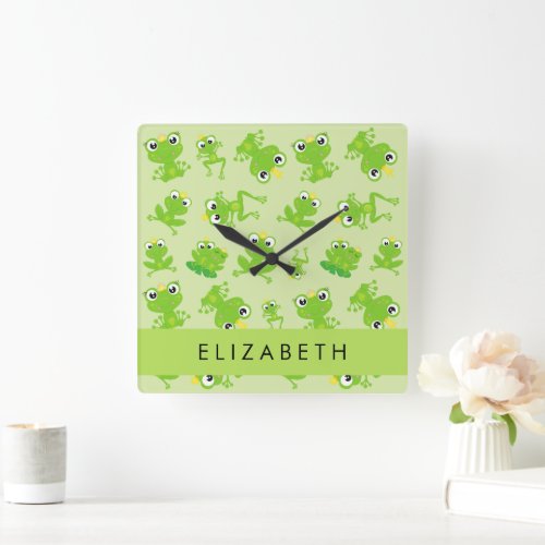 Frog Pattern Green Frogs Frog Prince Your Name Square Wall Clock